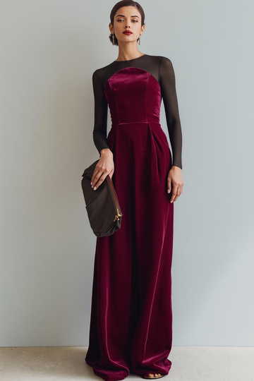 Cabernet Sheath Velvet Long Formal Dress with Sleeves